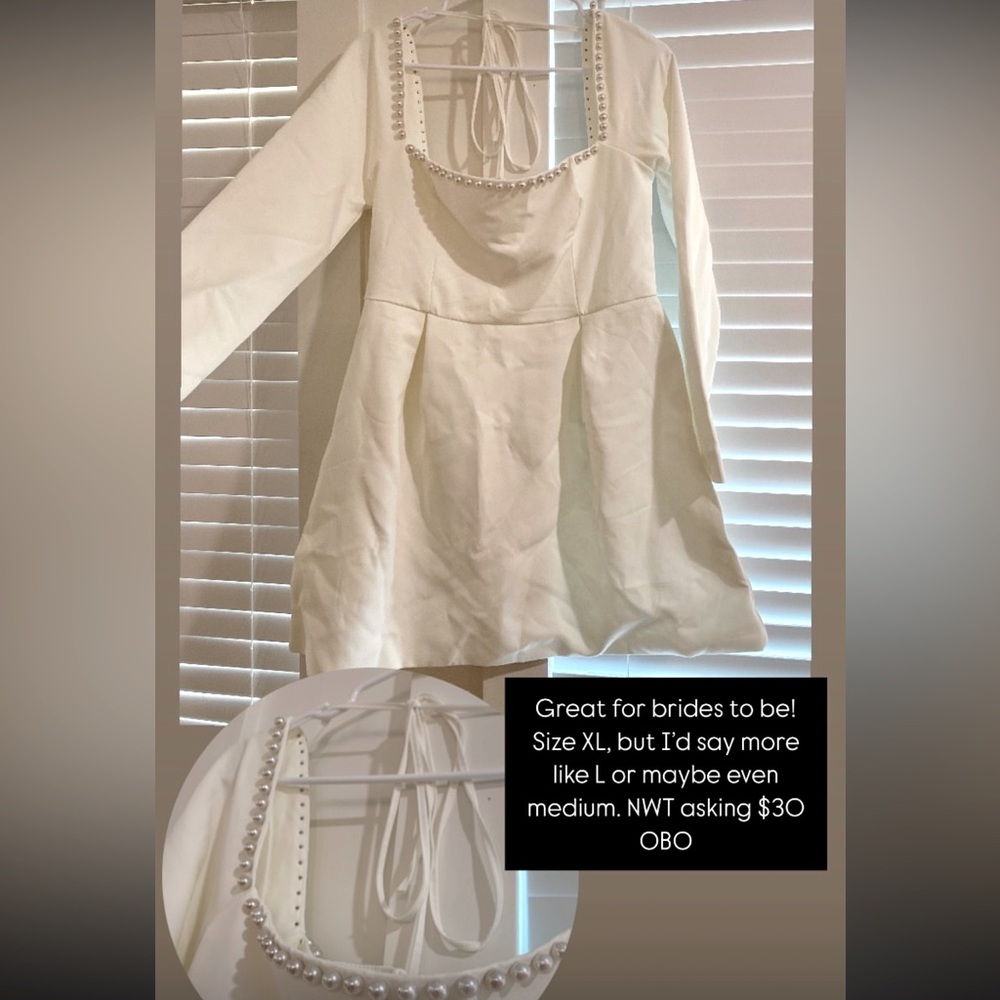 White dress, size XL, pearl beaded neckline, never worn
